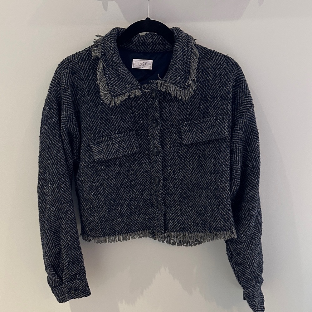 Sage Herringbone Cropped Jacket With Fringe in Dark Gray And Navy